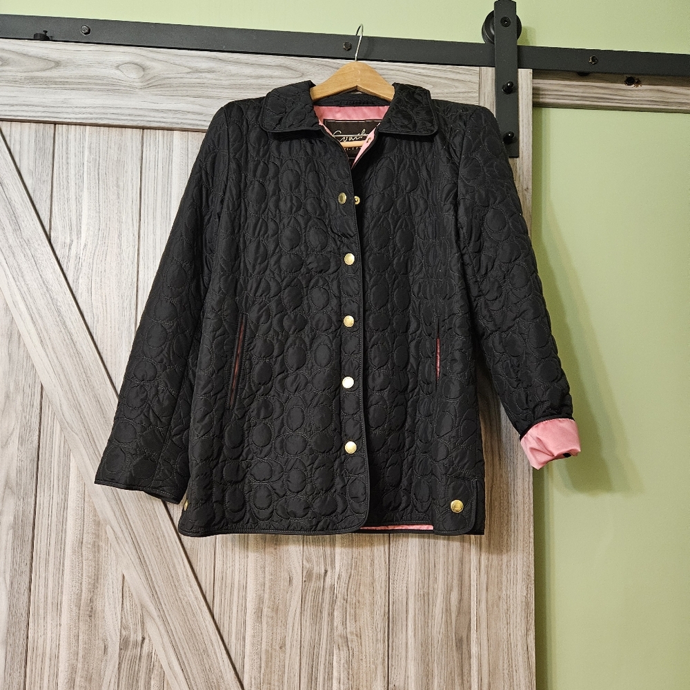 Coach Black Quilted Logo C Jacket Coat Button Front Pink Lining